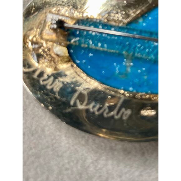 Neva Burba Blue Howlite 14K GP Brooch Vintage 80s Modernist - Picture 5 of 6